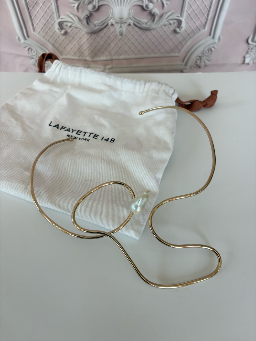 Lafayette 148 Gold Sculptural Wire Necklace with Pearl Accent